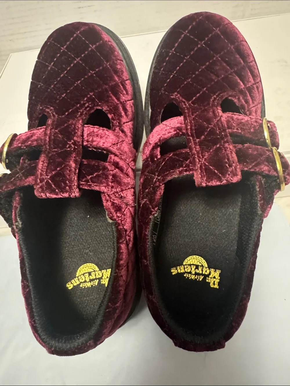 Dr. Martens Kids Quilted Burgundy Velvet Double-Strap Mary Janes